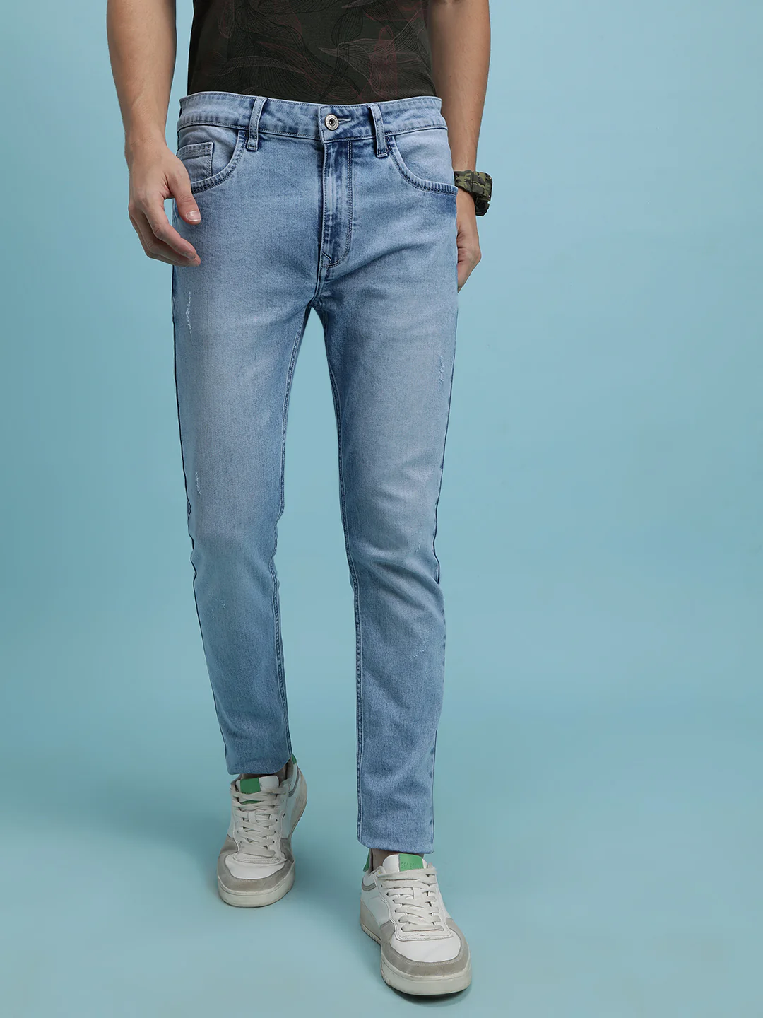 Ice Blue Solid Mid Rise Slim Tapered Jean
