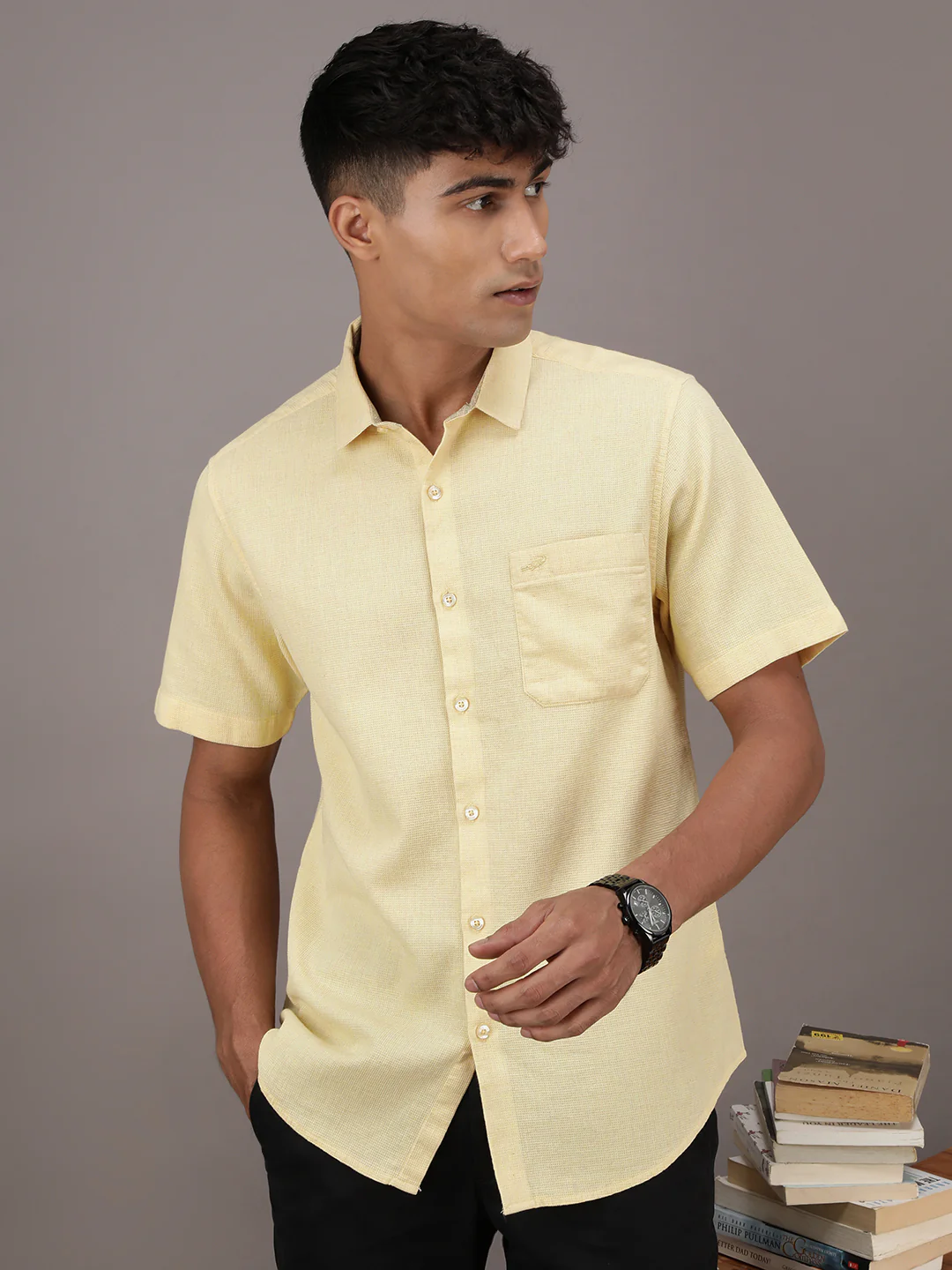 Yellow Solid Half Sleeve 100% Cotton Shirt