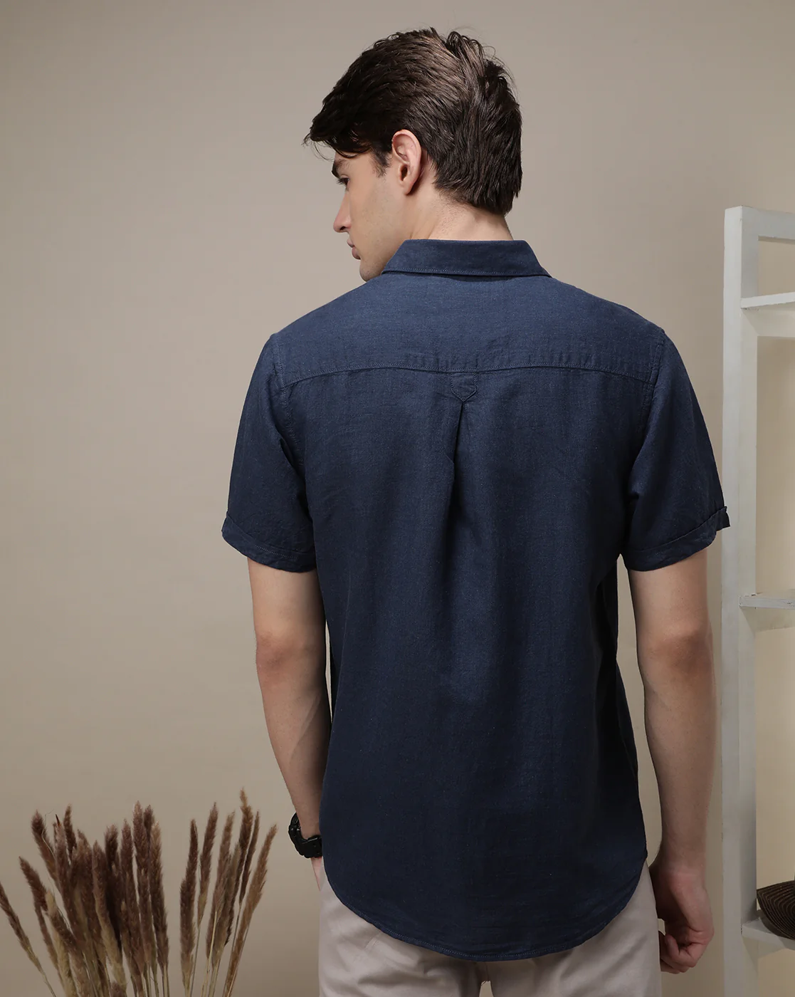 Navy Solid Half Sleeve Linen Shirt