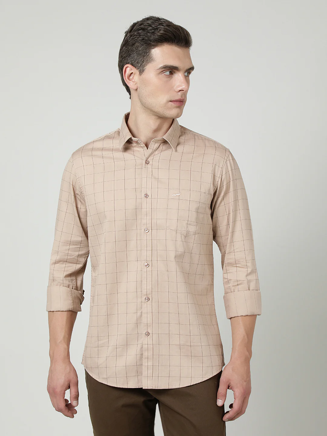 Tan Brown Checked Full Sleeve 100% Cotton Shirt