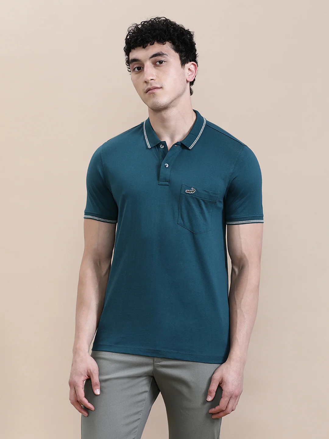 Teal Blue Solid Polo T-Shirt with Pocket
