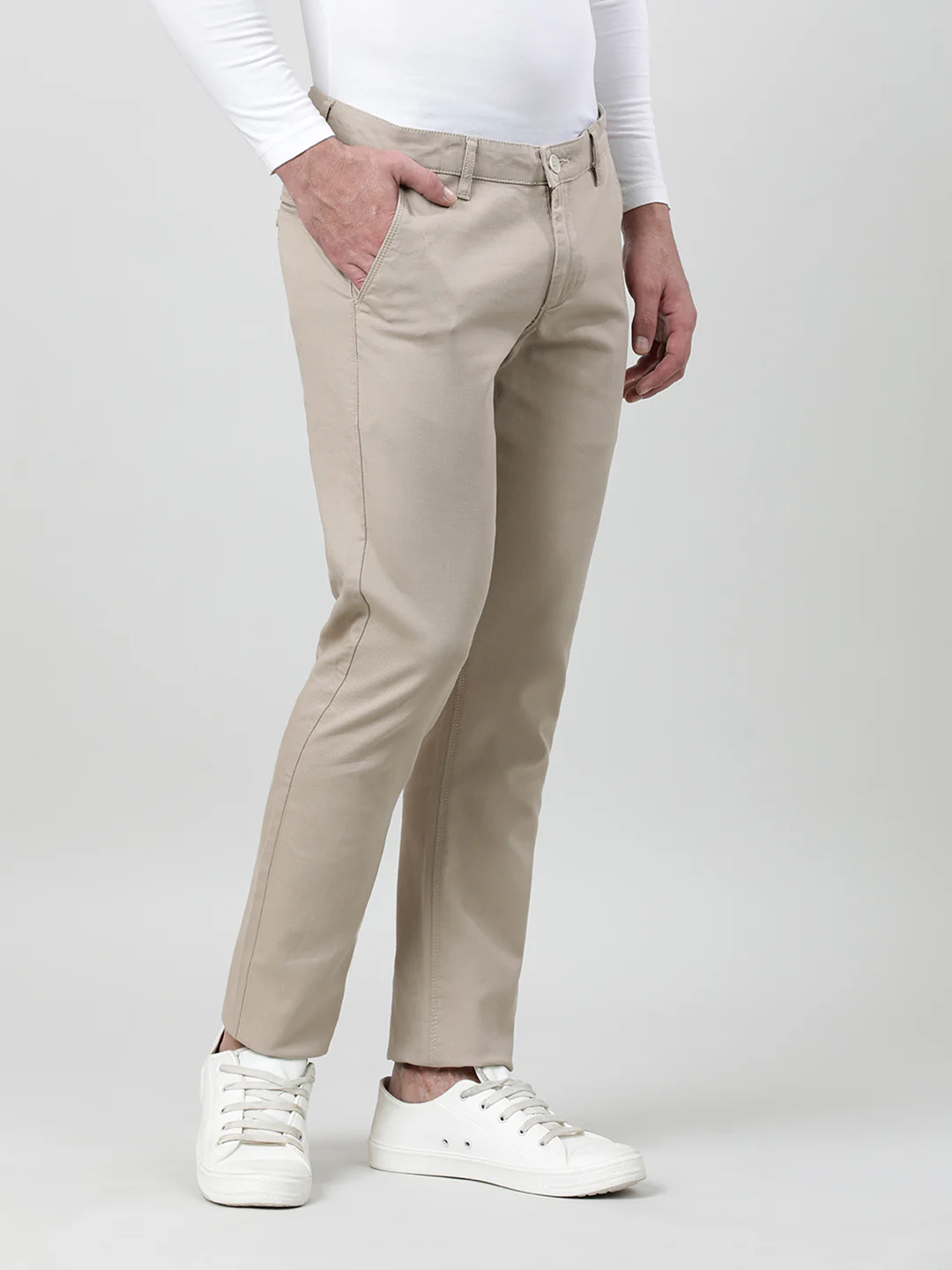 Beige Solid Slim Fit Casual Trouser