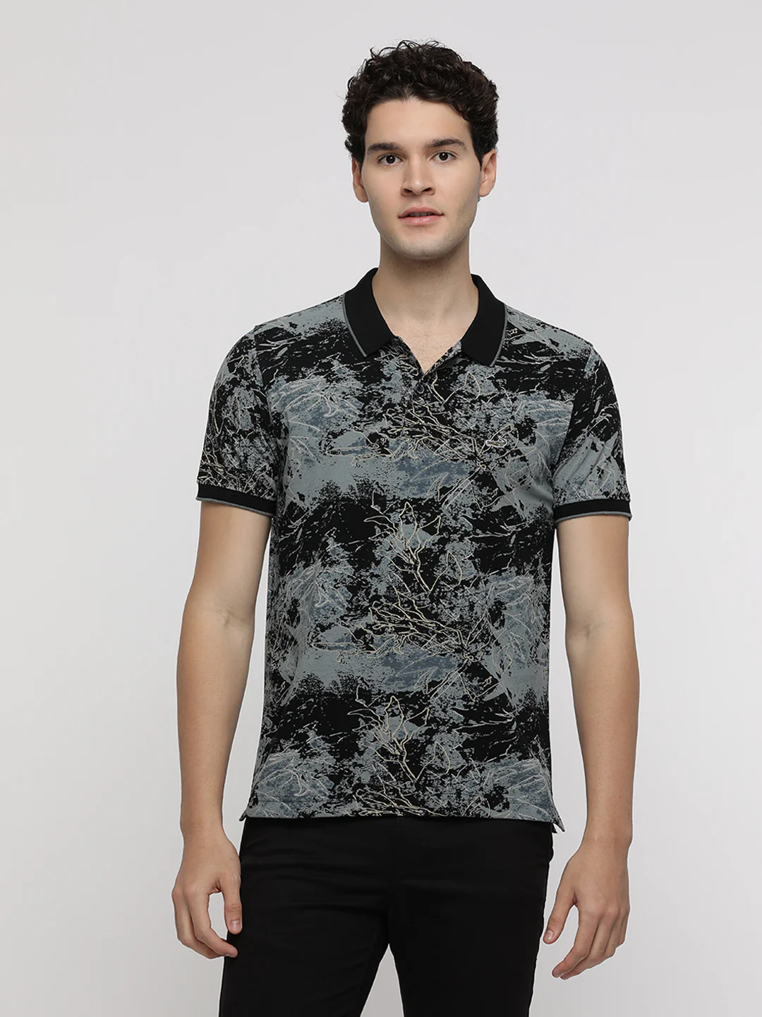 China Blue Abstract Grunge Print Polo T-Shirt