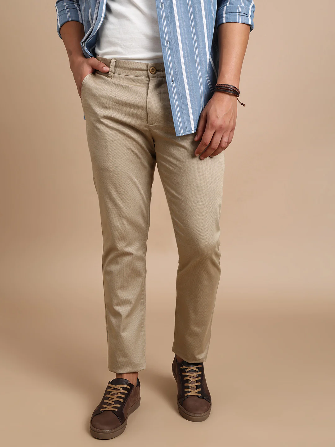 Khaki Brown Printed Slim Fit Casual Trouser