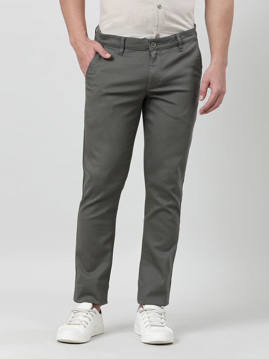 Solid Olive Green Casual Slim Fit Trouser