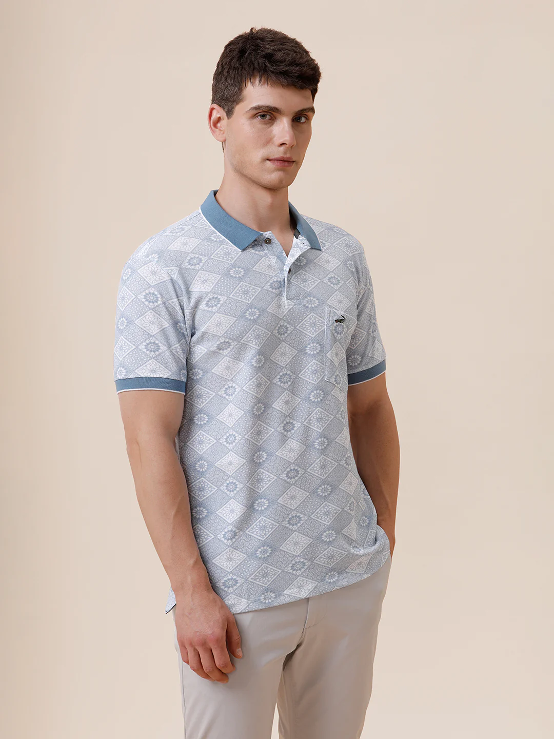 Geometric Printed Polo With Contrast Rib In Vinatge  Indigo
