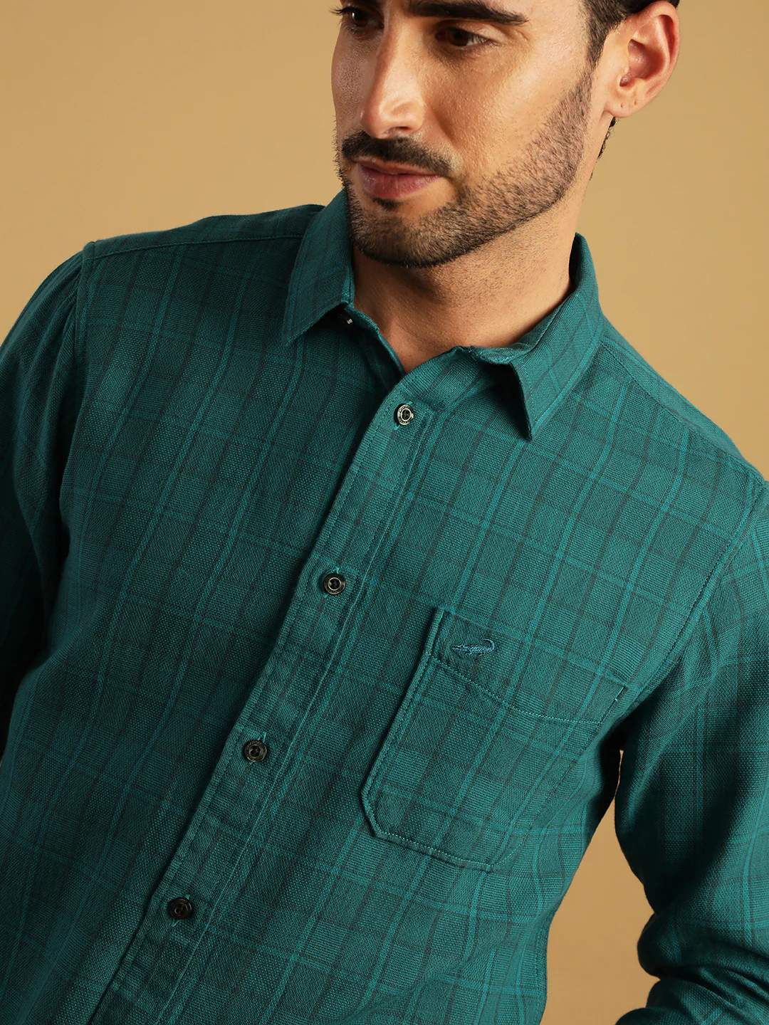 Teal Green Checked Full Sleeve 100% Cotton Shirt