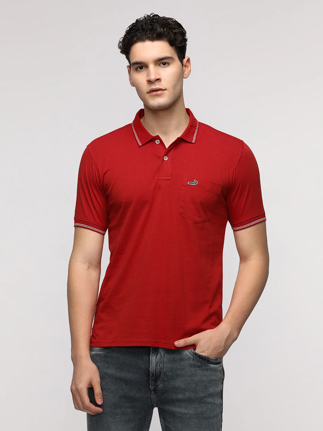 Bright Solid Polo T-Shirt with Pocket in Red