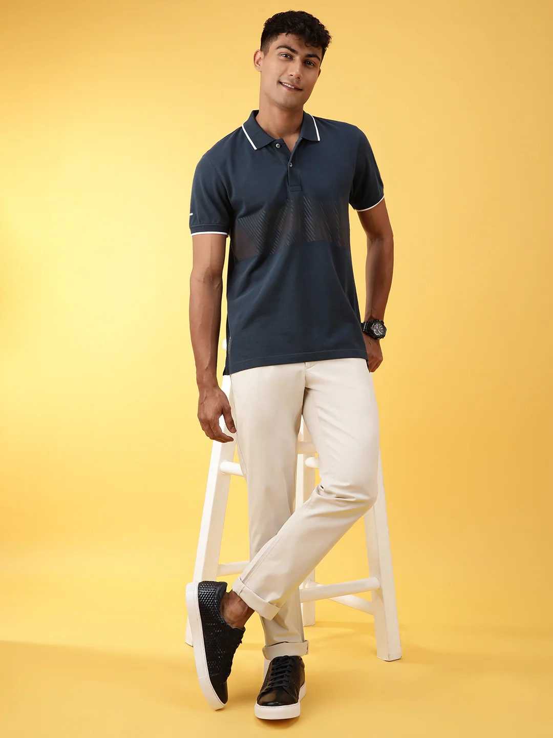 Blue Printed Casual Polo T-Shirt