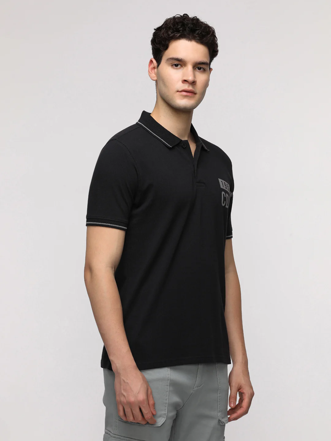 Placement Stripe Printed Polo T-Shirt in Jet Black