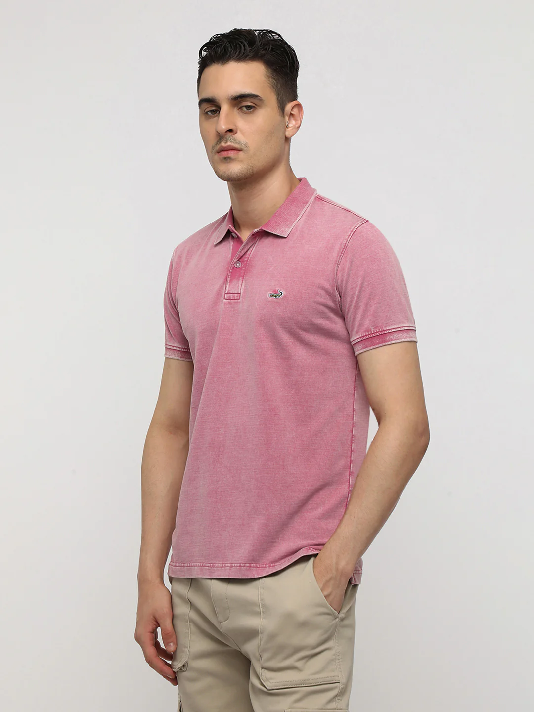 Acid Washed Solid Polo T-Shirt in Baby Pink