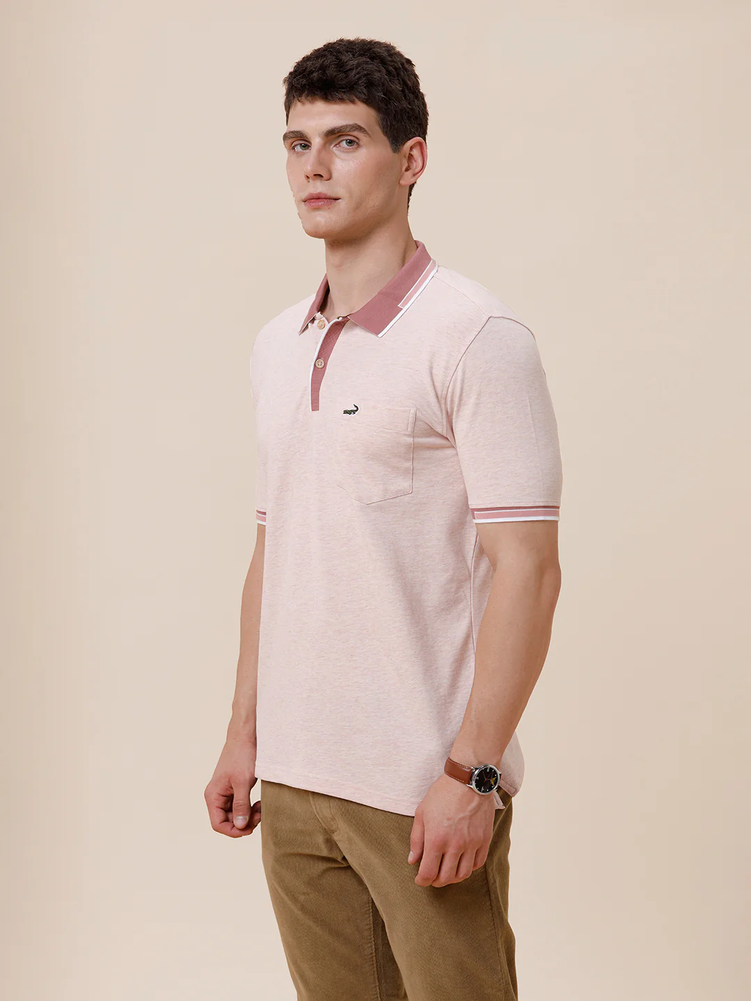 Melange Solid Polo Tshirt With Plated Collar & Cuff In Rose Melange