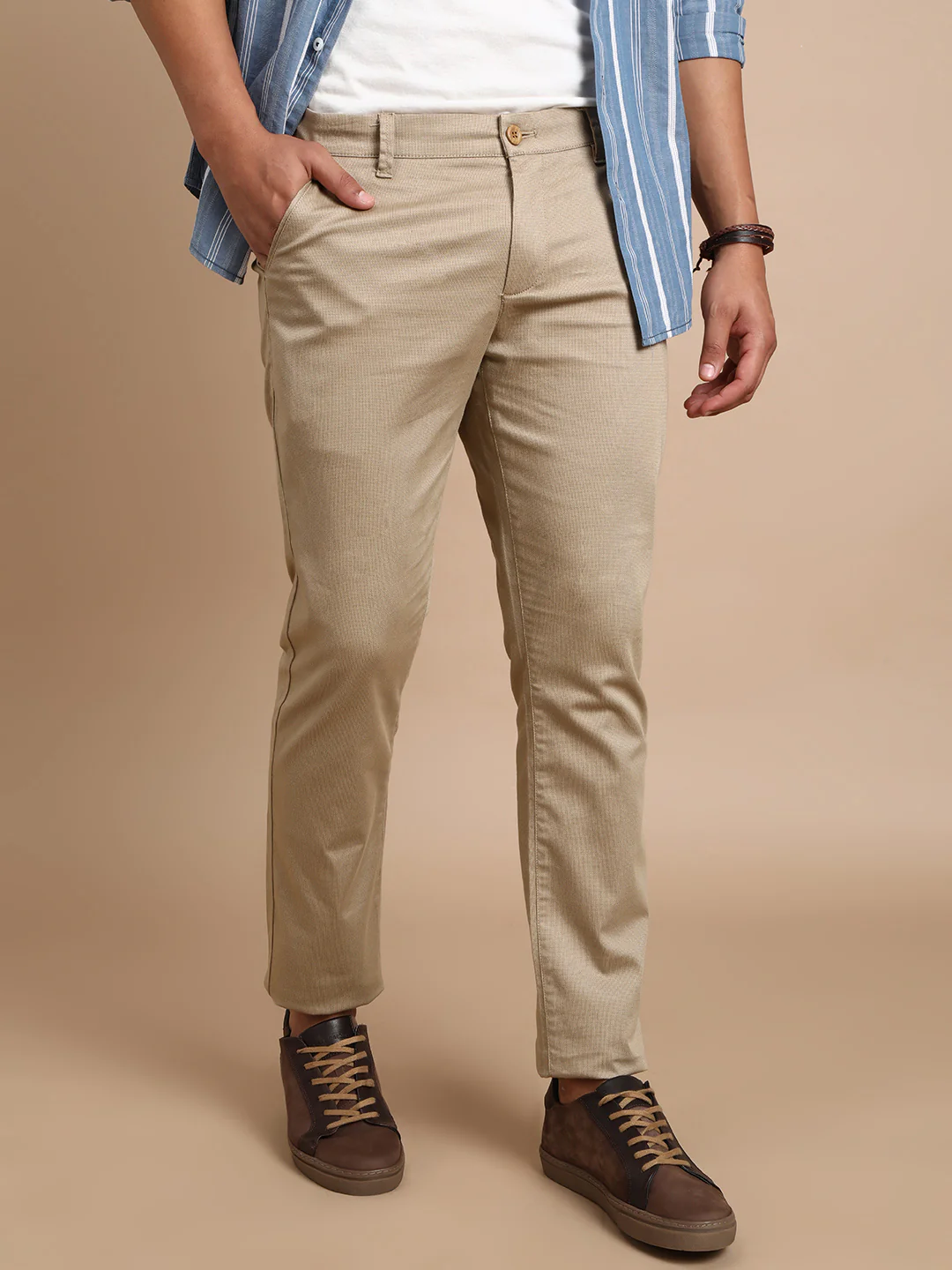Khaki Brown Printed Slim Fit Casual Trouser