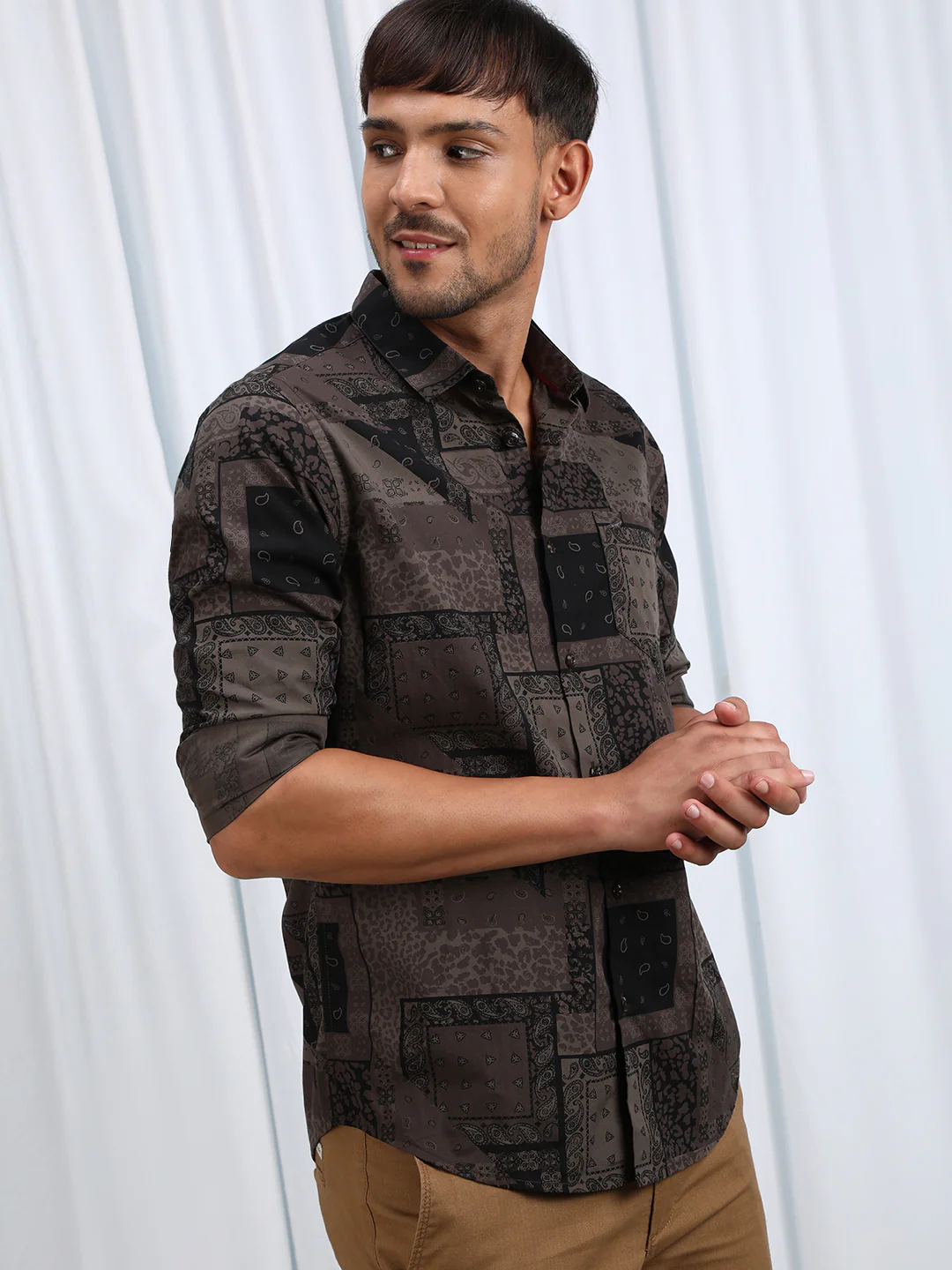 Brown Printed Full Sleeve Casual 100% Cotton Shirt