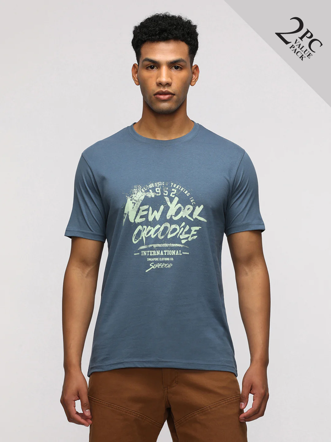 Pack Of 2 Typography Printed Round Neck Cotton Slim Fit T-shirts