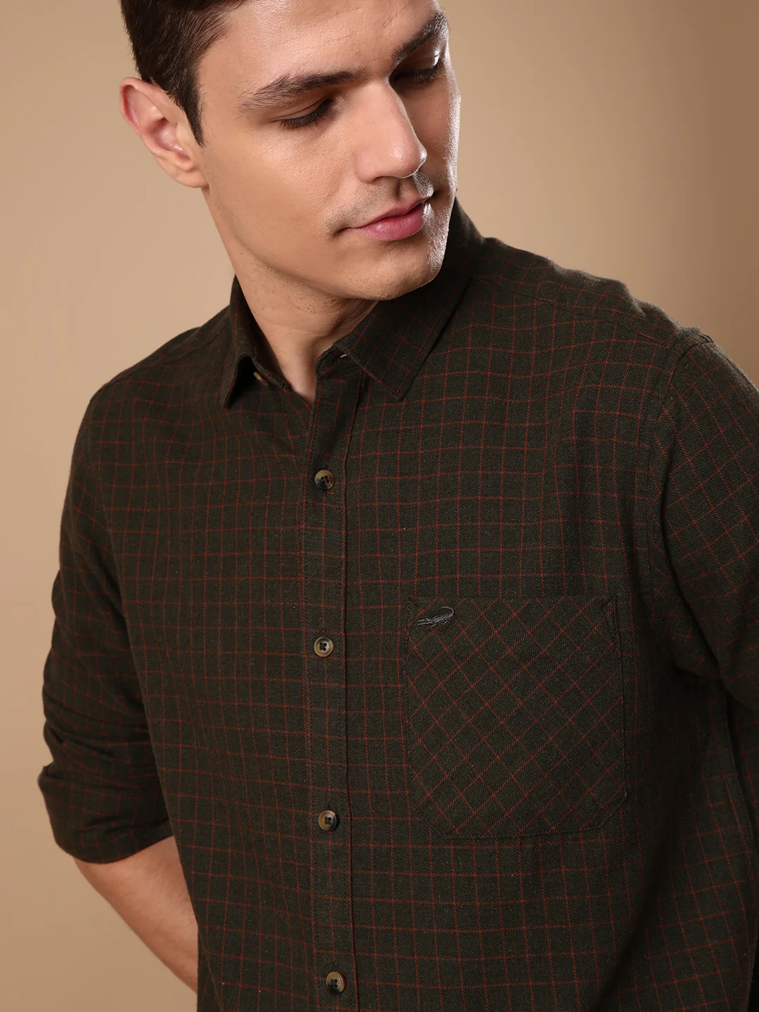 Olive Green Checked Full Sleeve 100% Cotton Shirt
