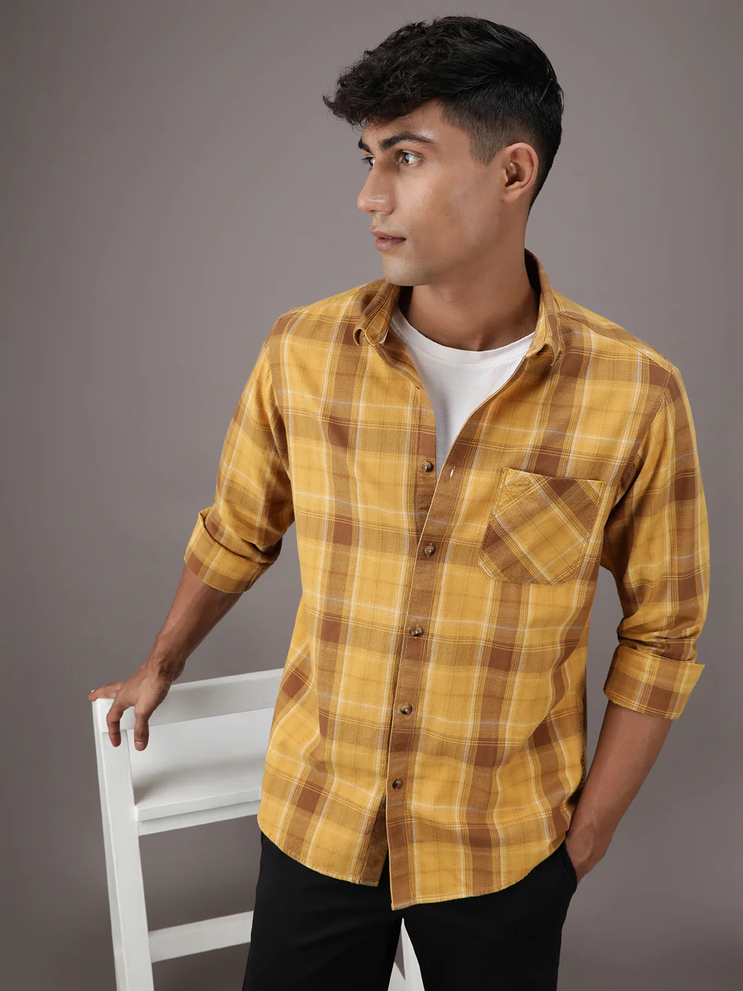 Yellow Checked Casual Full Sleeve 100% Cotton Shirt