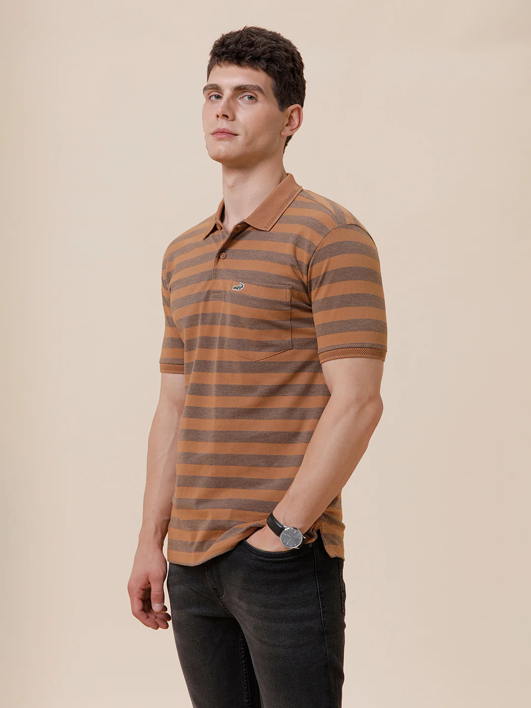 Tonal Melange 1X1 Striped Polo T-Shirt In Mustard