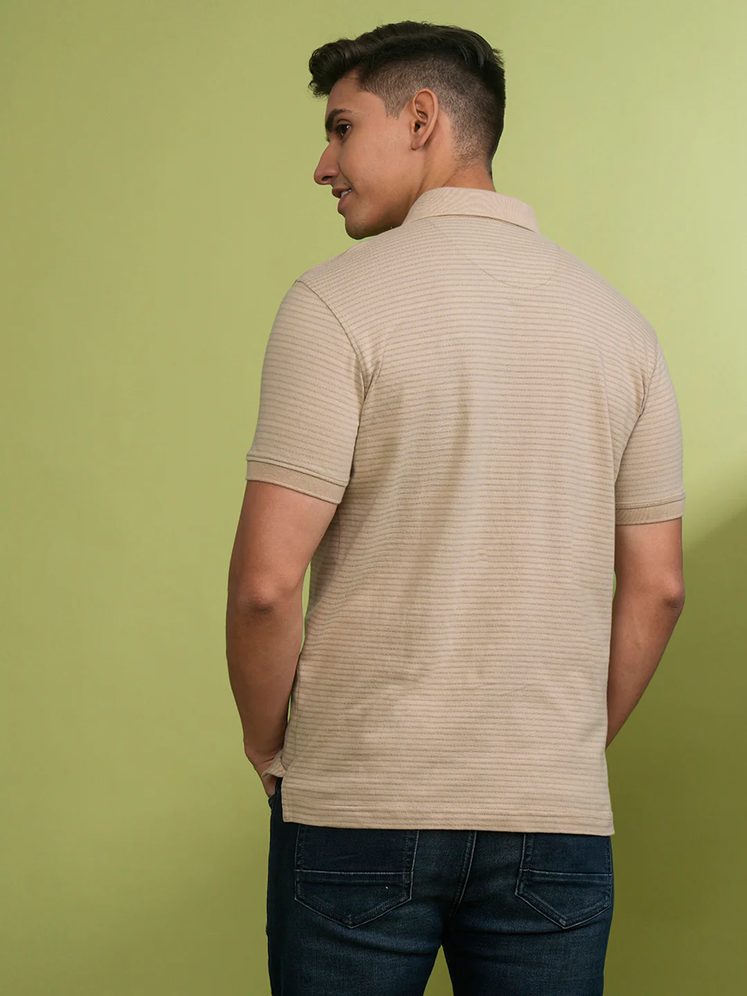 Solid Self Texture Polo T-Shirt in Beige with Pocket