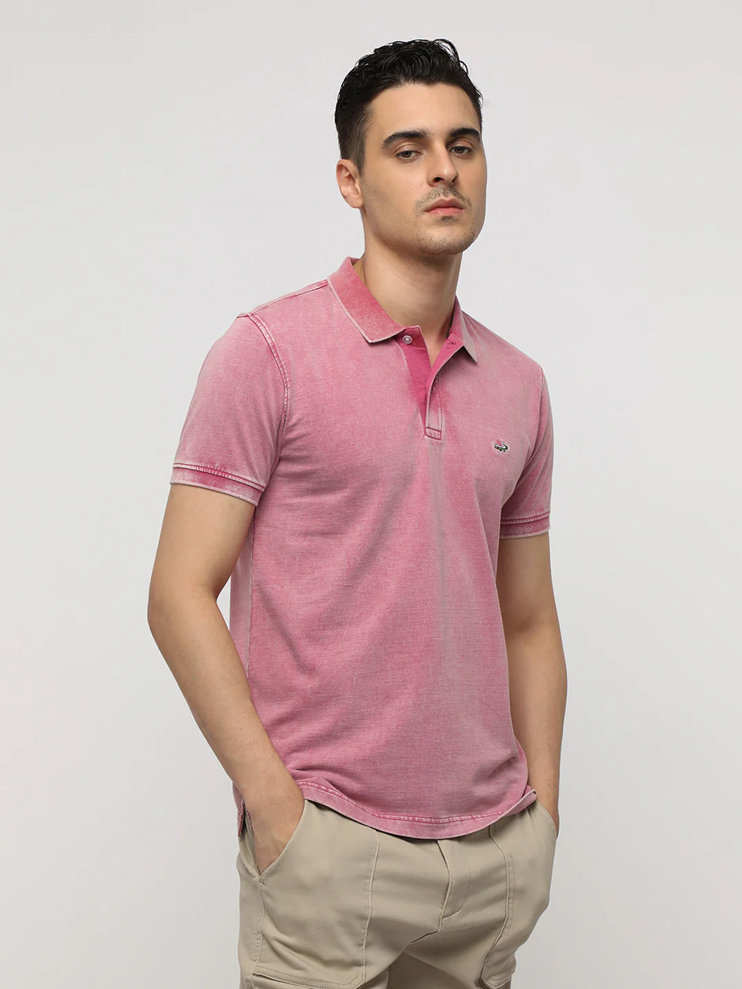 Acid Washed Solid Polo T-Shirt in Baby Pink