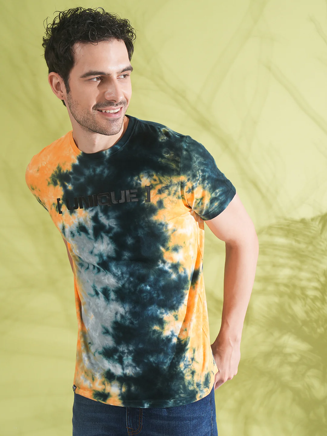 Tie Dye Asymetric T-Shirt With Chest Print In Yellow