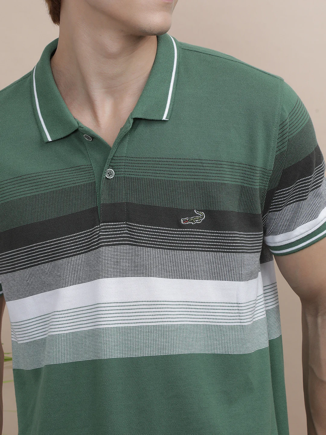 Green Striped Half Sleeve Casual Polo T-Shirt