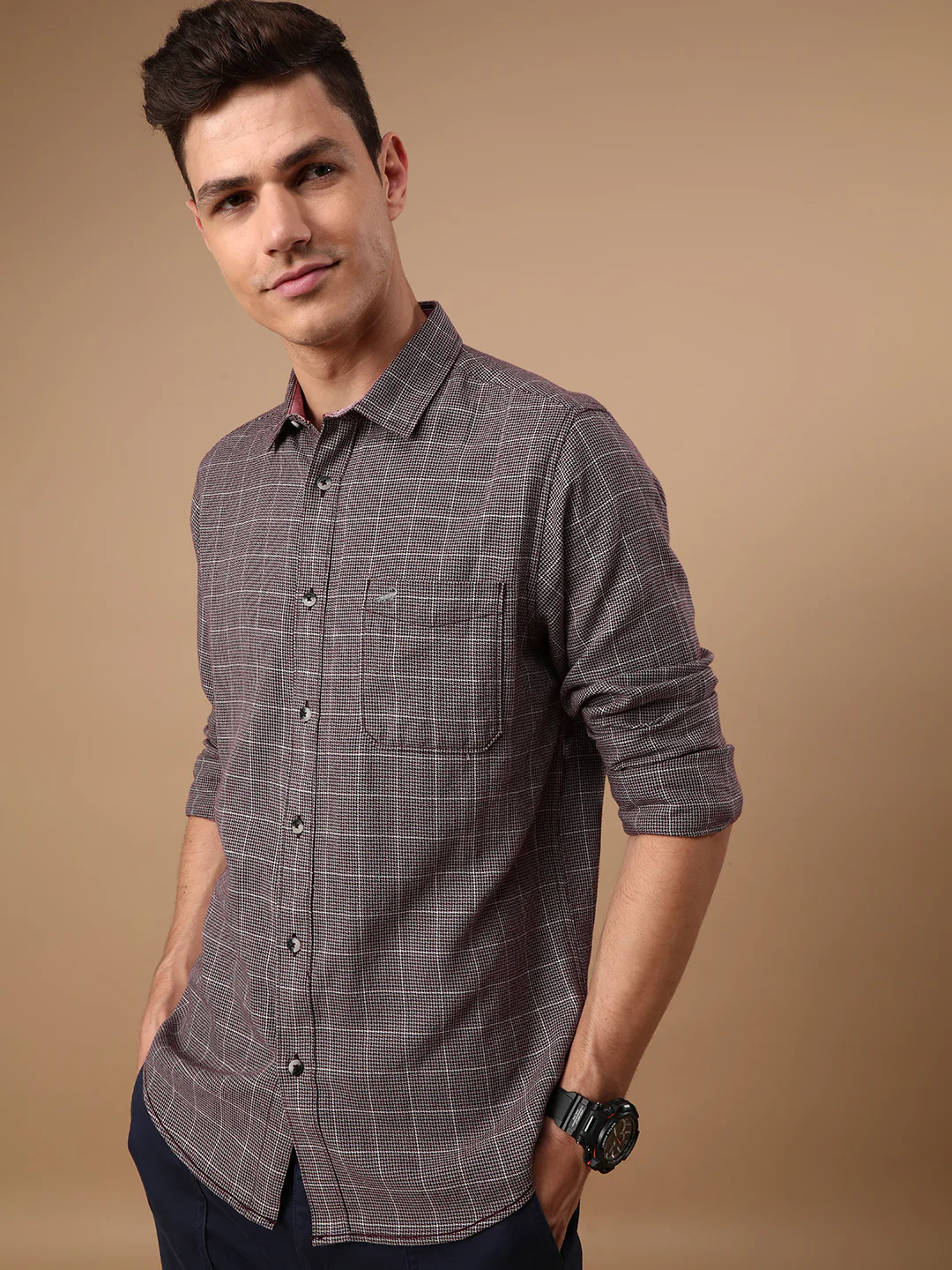 Casual Maroon Checked Full Sleeve 100% Cotton Shirt