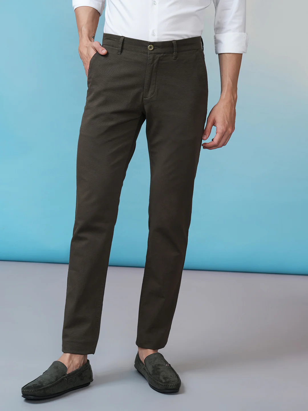 Textured Cotton Stretch Trouser Olive