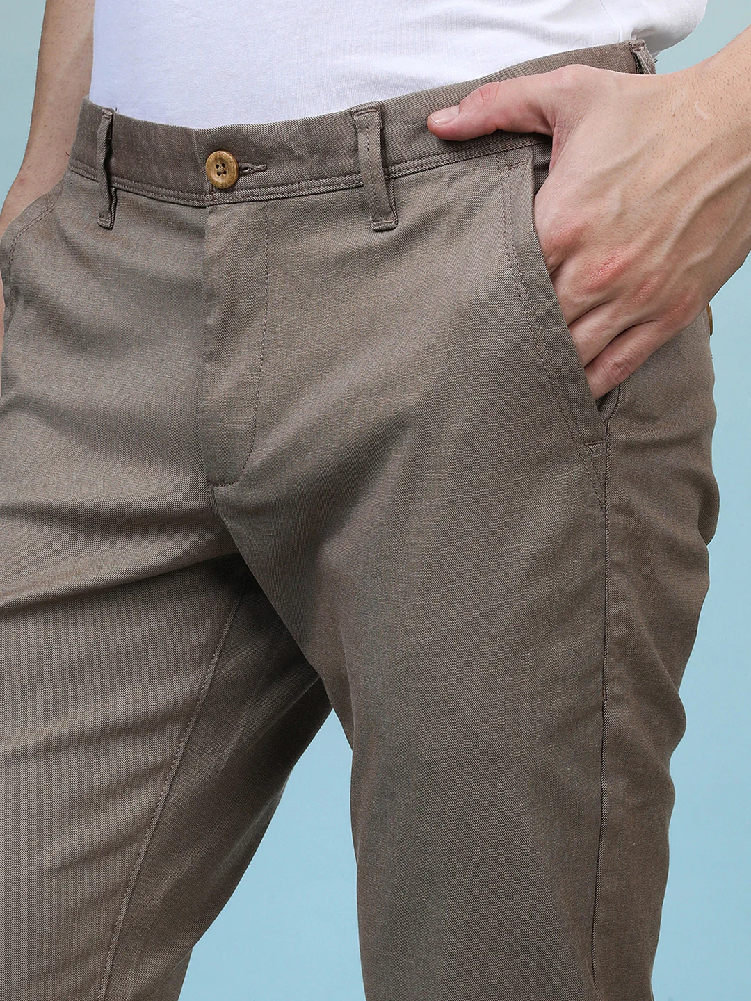 Textured Cotton Blend Stretch Trouser Khaki