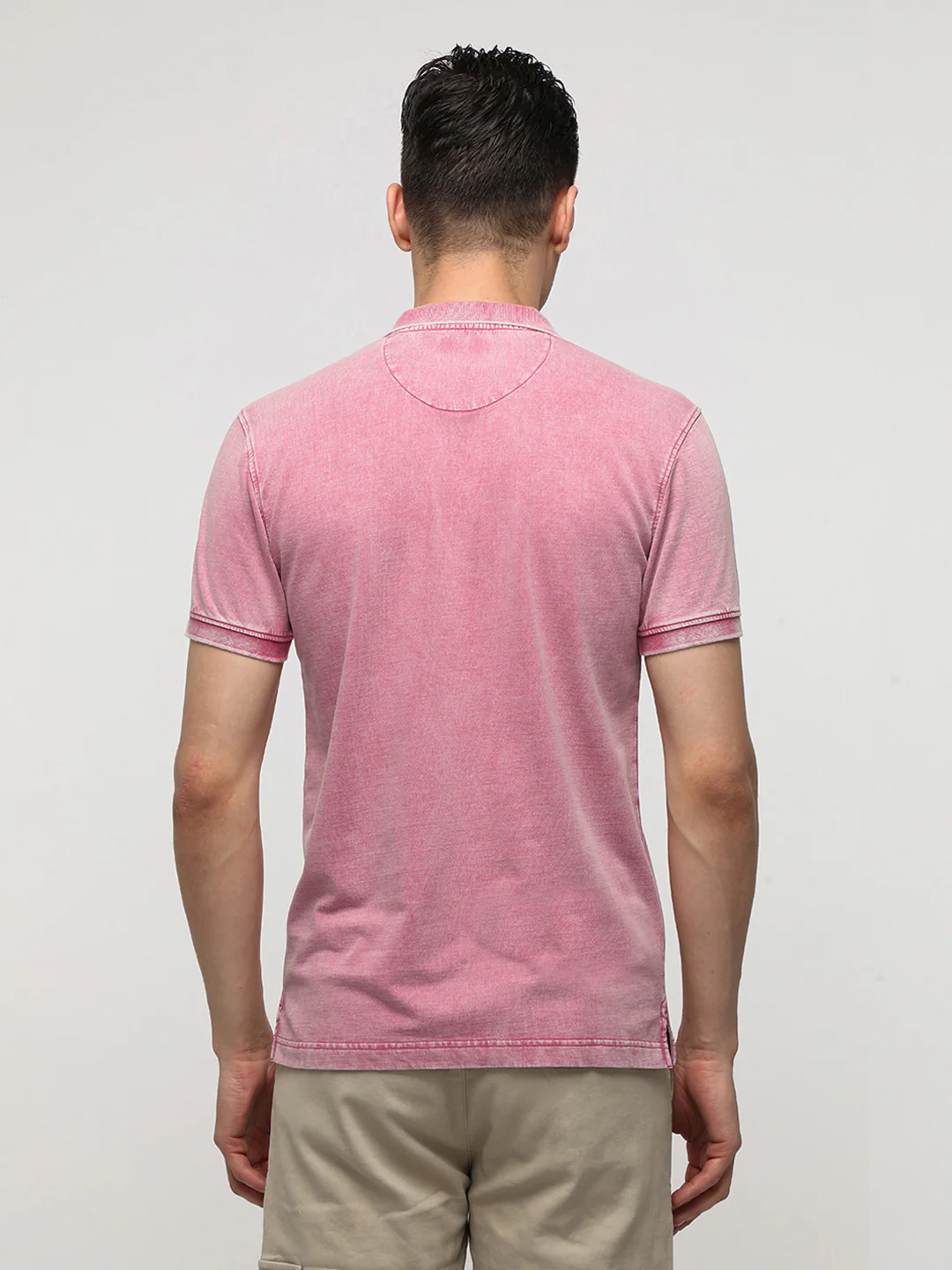 Acid Washed Solid Polo T-Shirt in Baby Pink