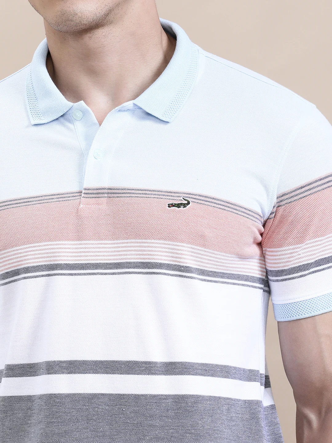 Solid Melange Striped Slim Fit Polo Blue