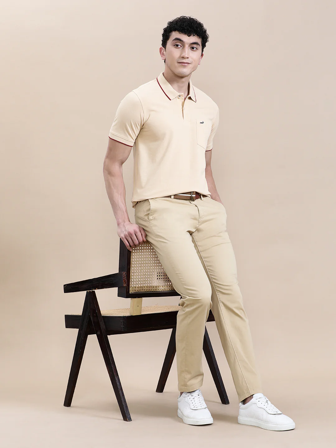 Oat Milk Beige Solid Polo T-Shirt with Pocket