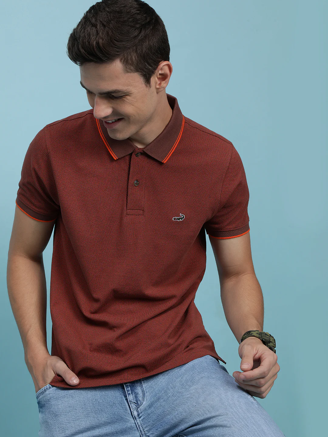 Casual Polo T-Shirt Brown Printed