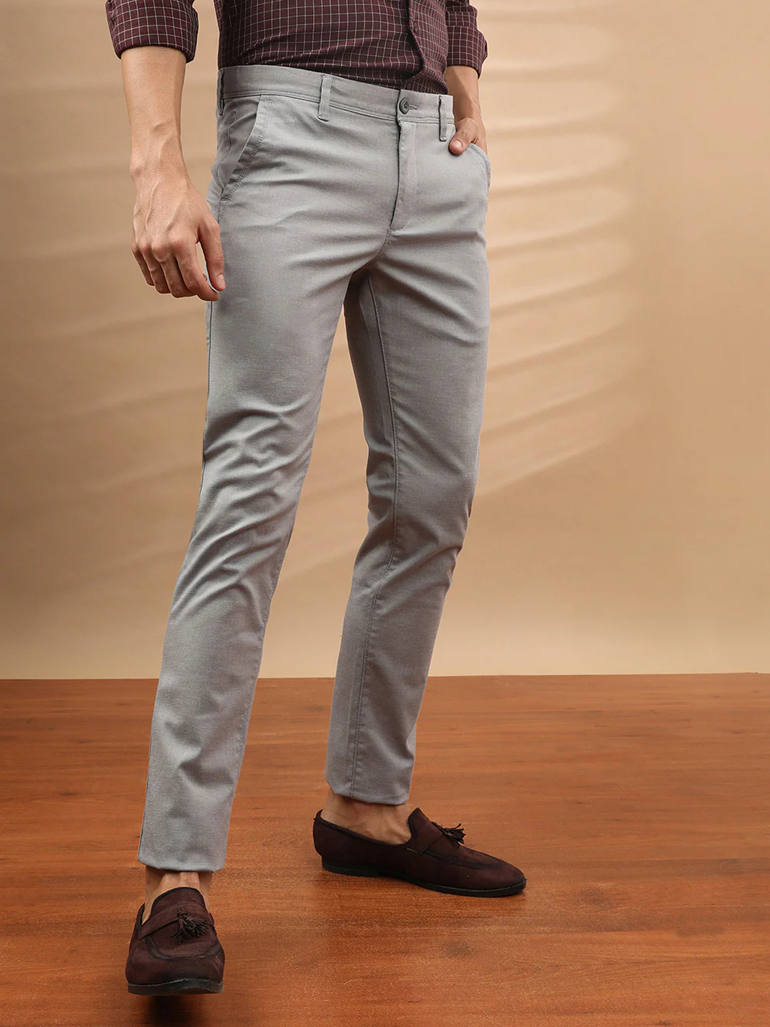 Textured Cotton Blend Stretch Trouser Grey