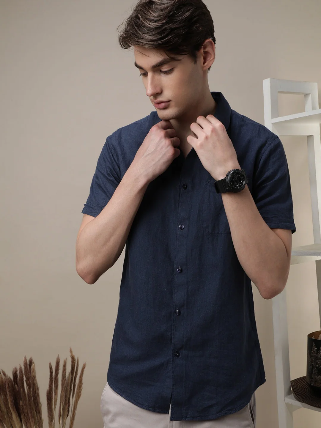 Navy Solid Half Sleeve Linen Shirt