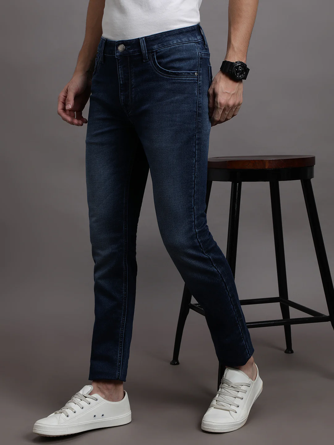 Blue Solid Mid Rise Slim Fit Jean