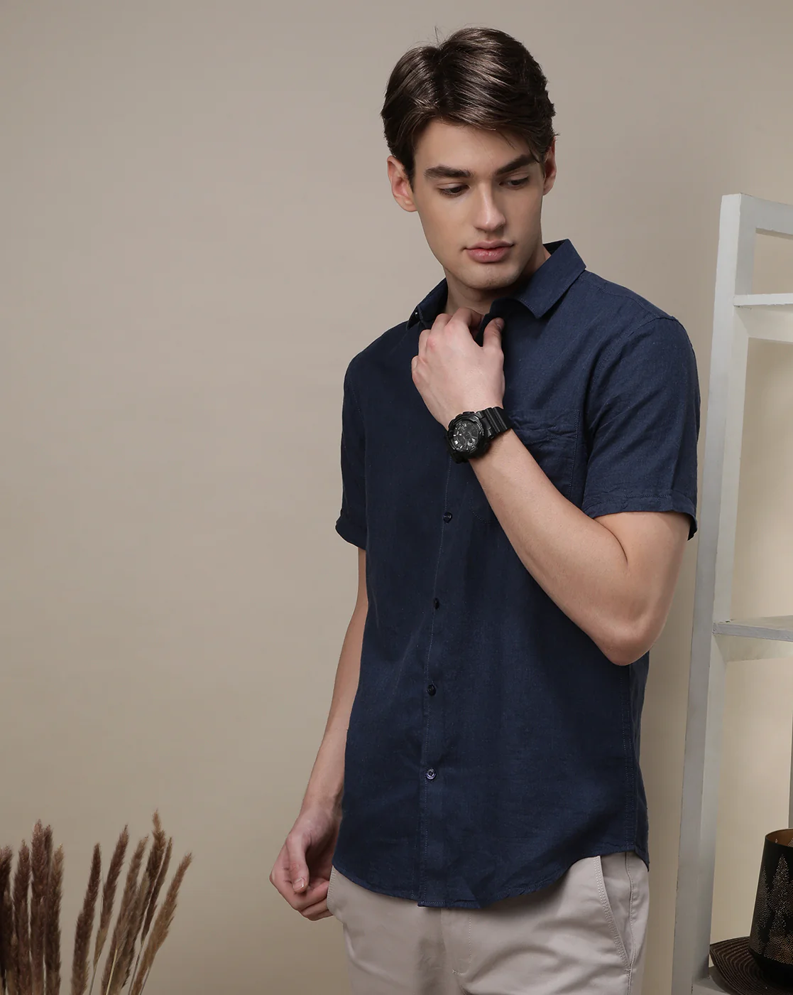 Navy Solid Half Sleeve Linen Shirt