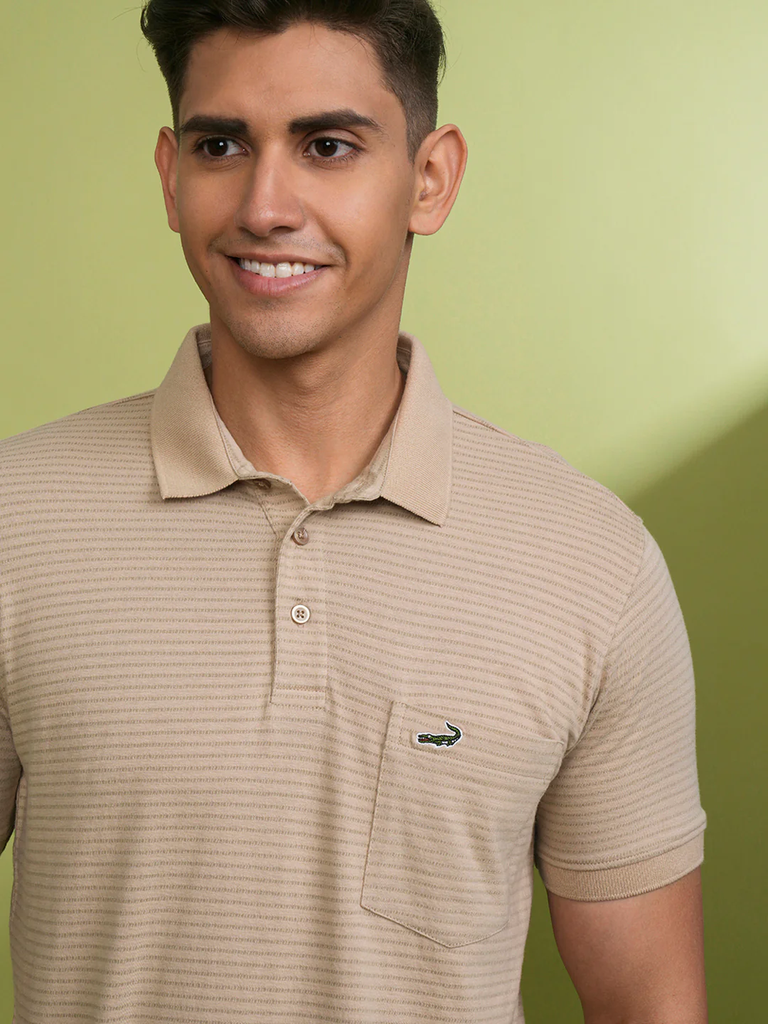 Solid Self Texture Polo T-Shirt in Beige with Pocket