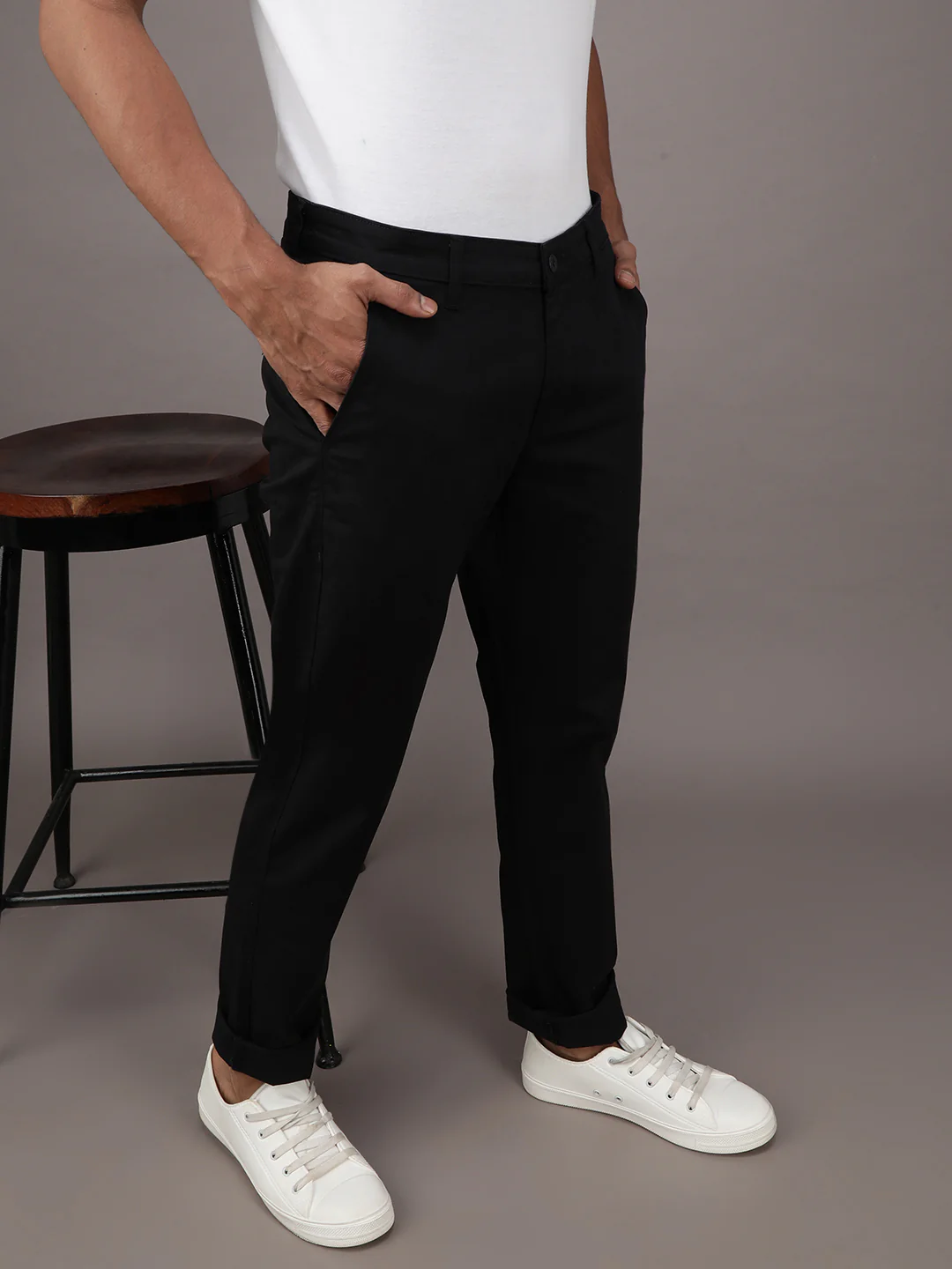Slim Fit Solid Casual Trouser Black