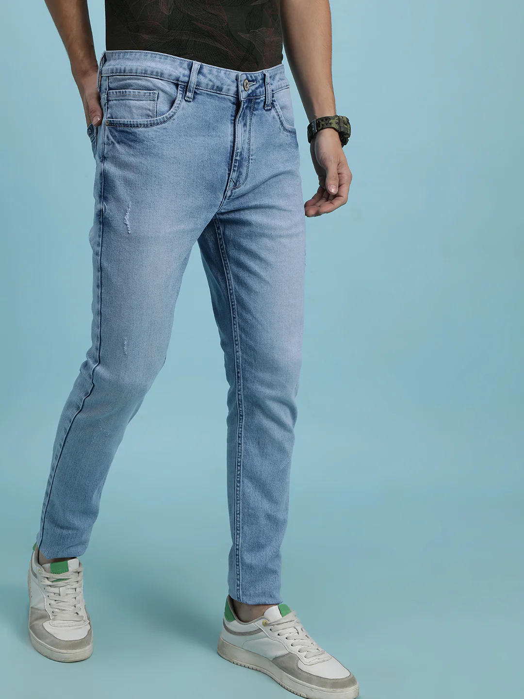 Ice Blue Solid Mid Rise Slim Tapered Jean