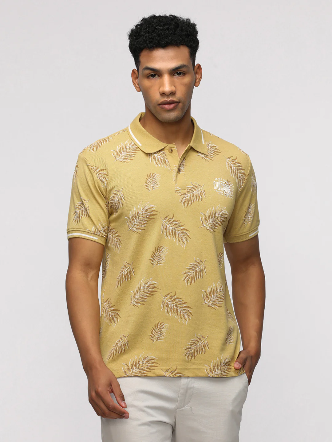 Polo Neck Sporty Lime Melange T-Shirt with Pique