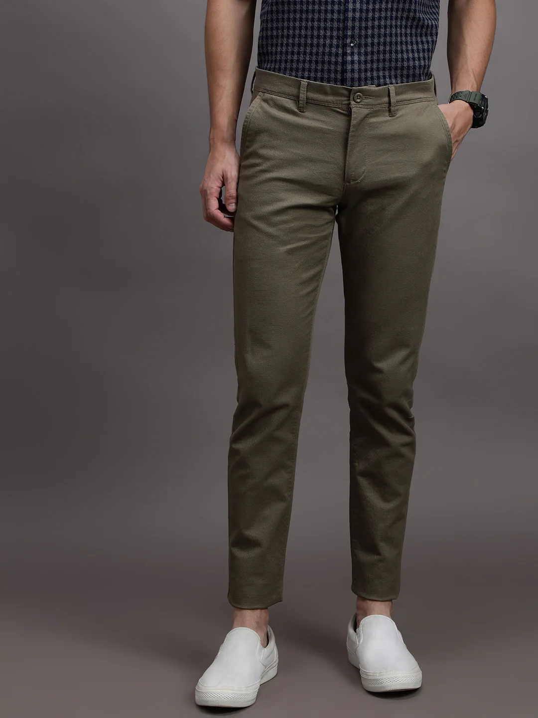 Casual Olive Green Solid Slim Fit Trouser