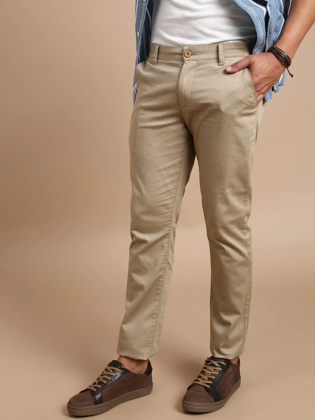 Khaki Brown Printed Slim Fit Casual Trouser