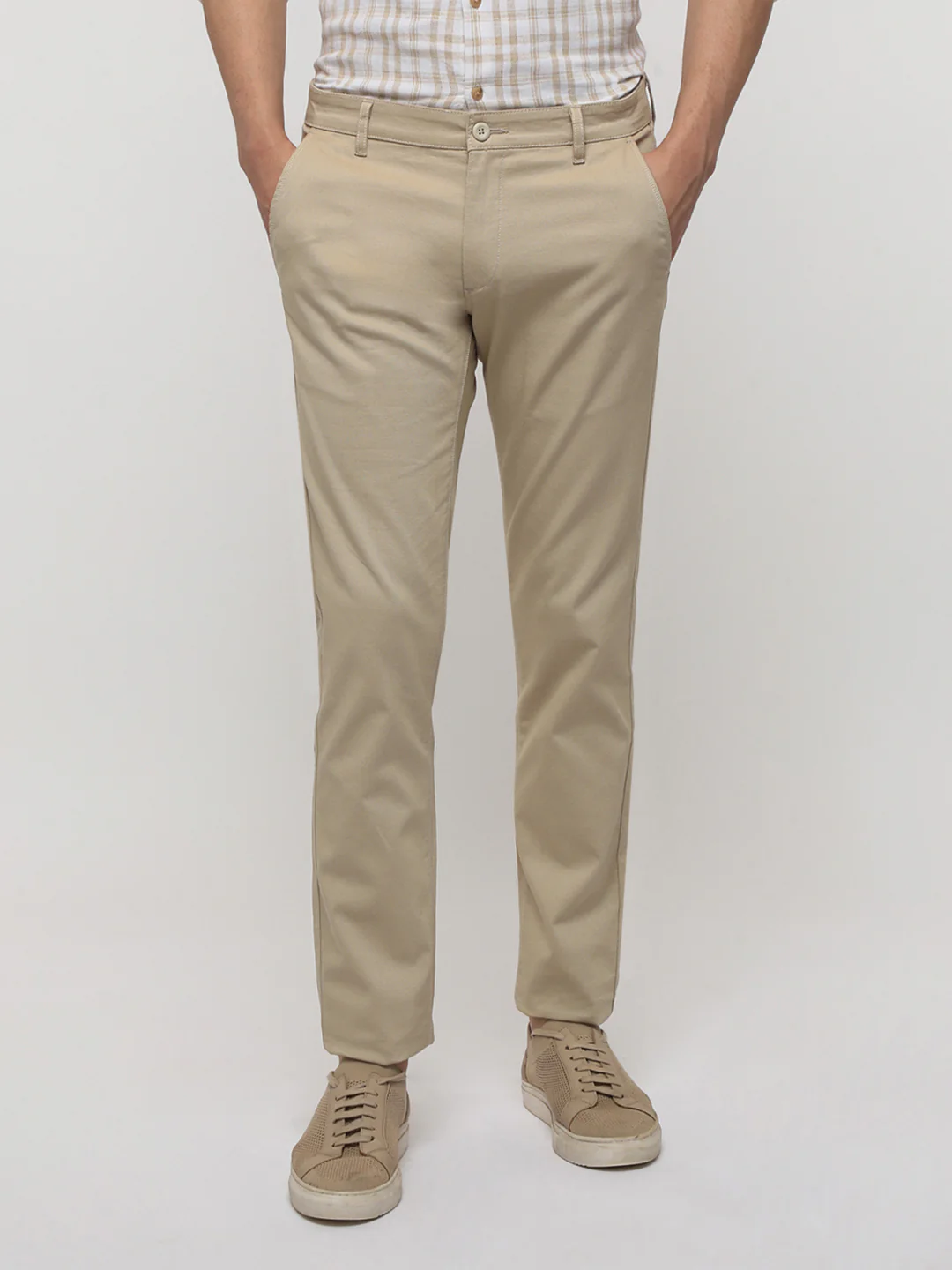 Beige Cotton Textured Stretch Trouser