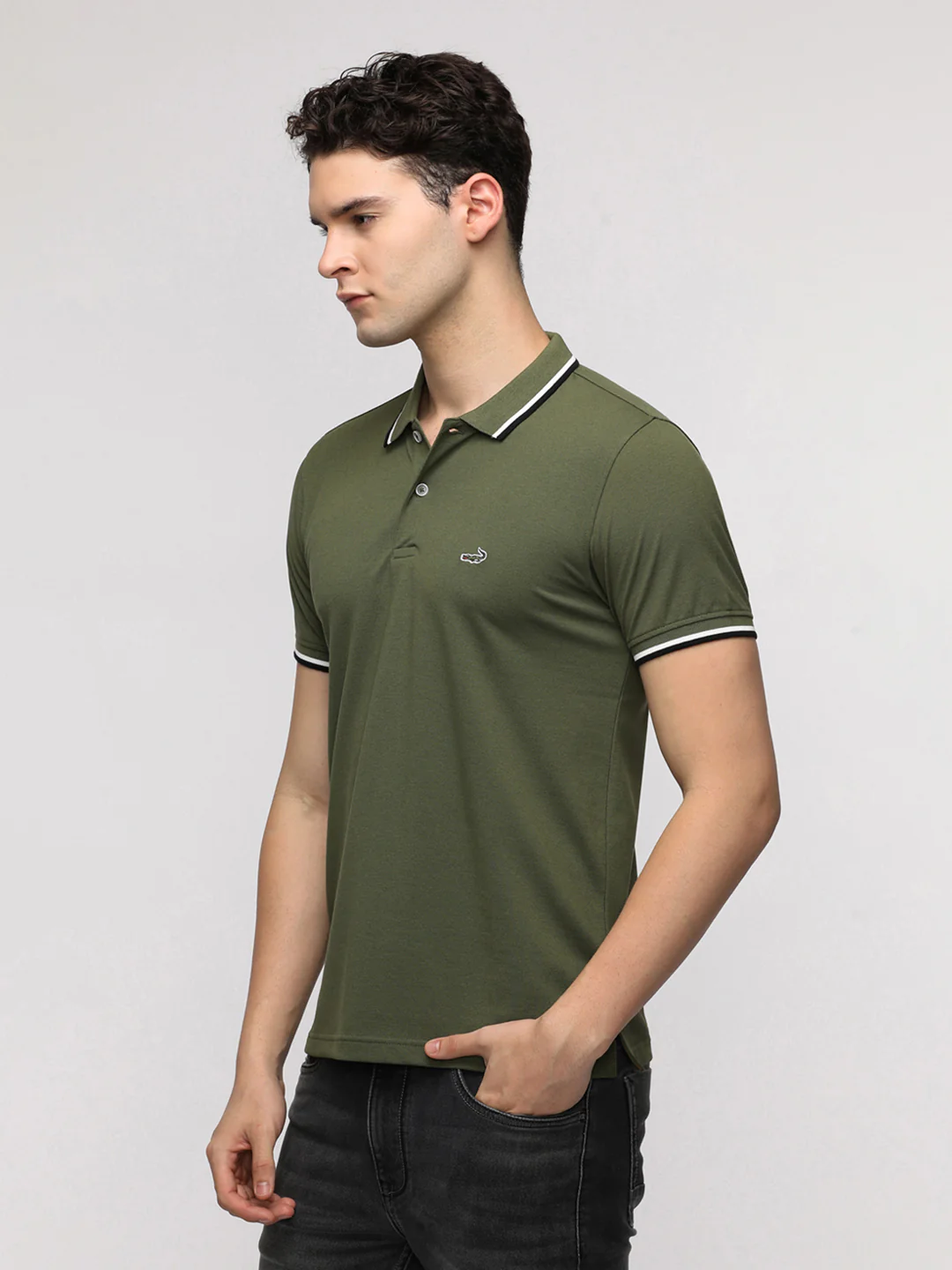 Solid Strecth Polo T-Shirt in Olive