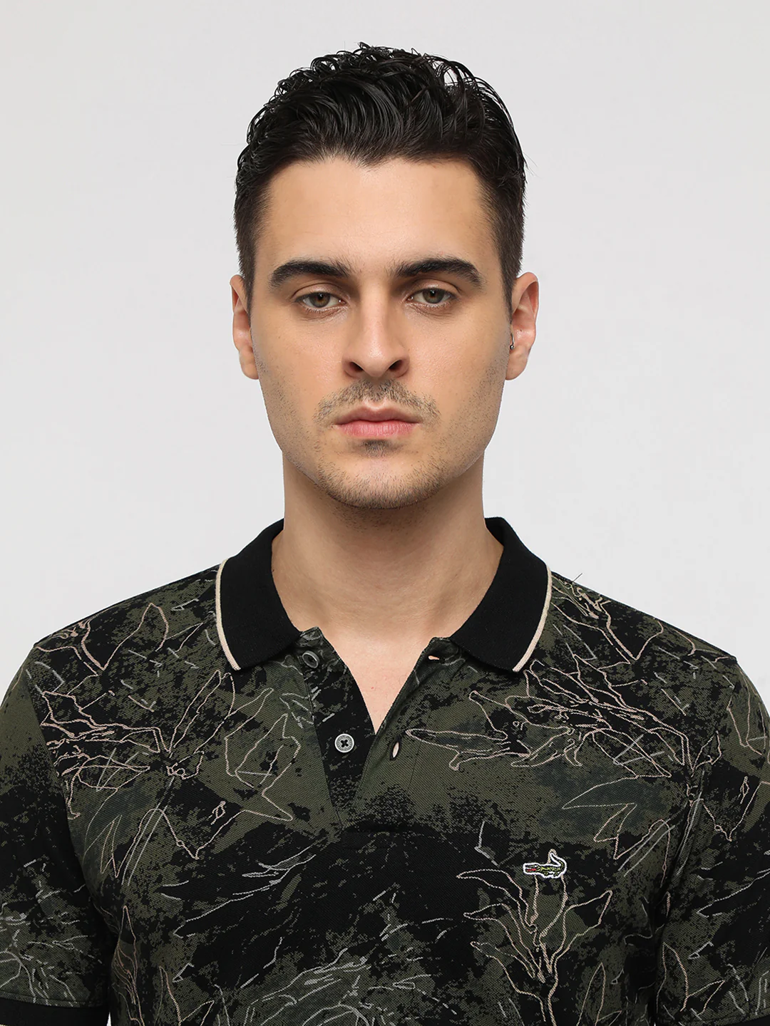 Abstract Grunge All Over Print Polo T-Shirt in Olive