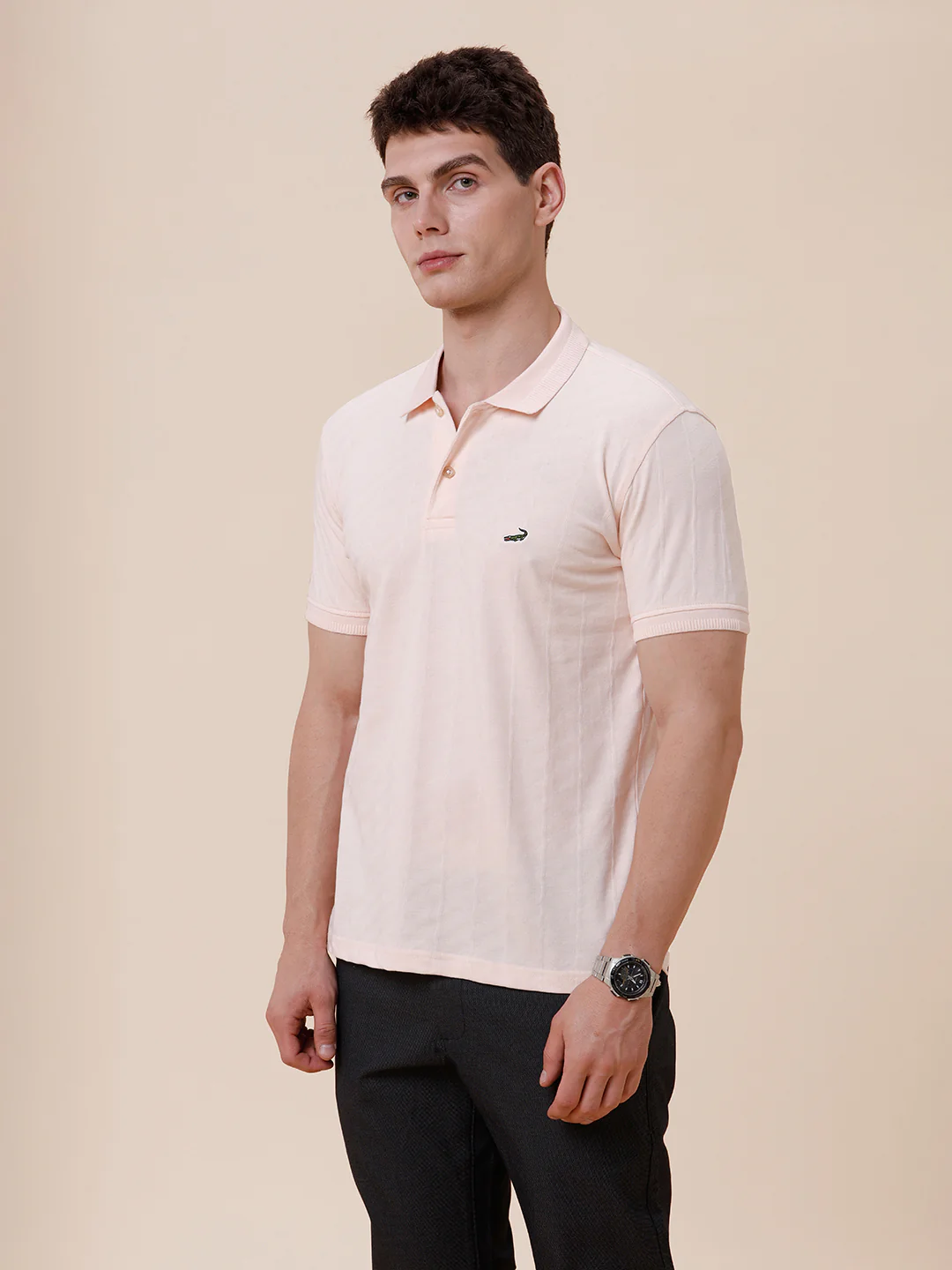 Tonal Cross Self Textured Polo Tshirt In Peach