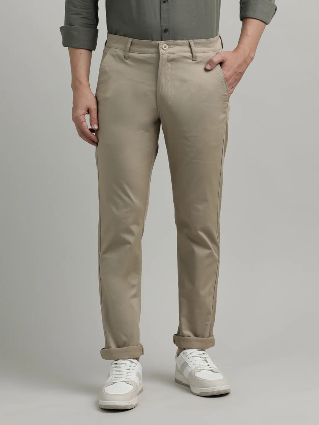 Beige Solid Slim Fit Trouser