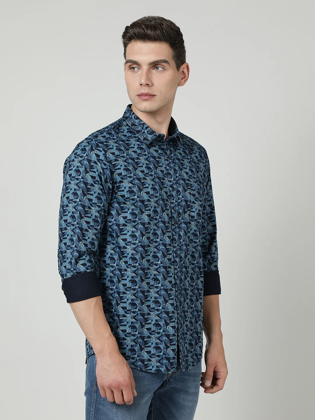 Navy Printed Full Sleeve 100% Cotton Shirt