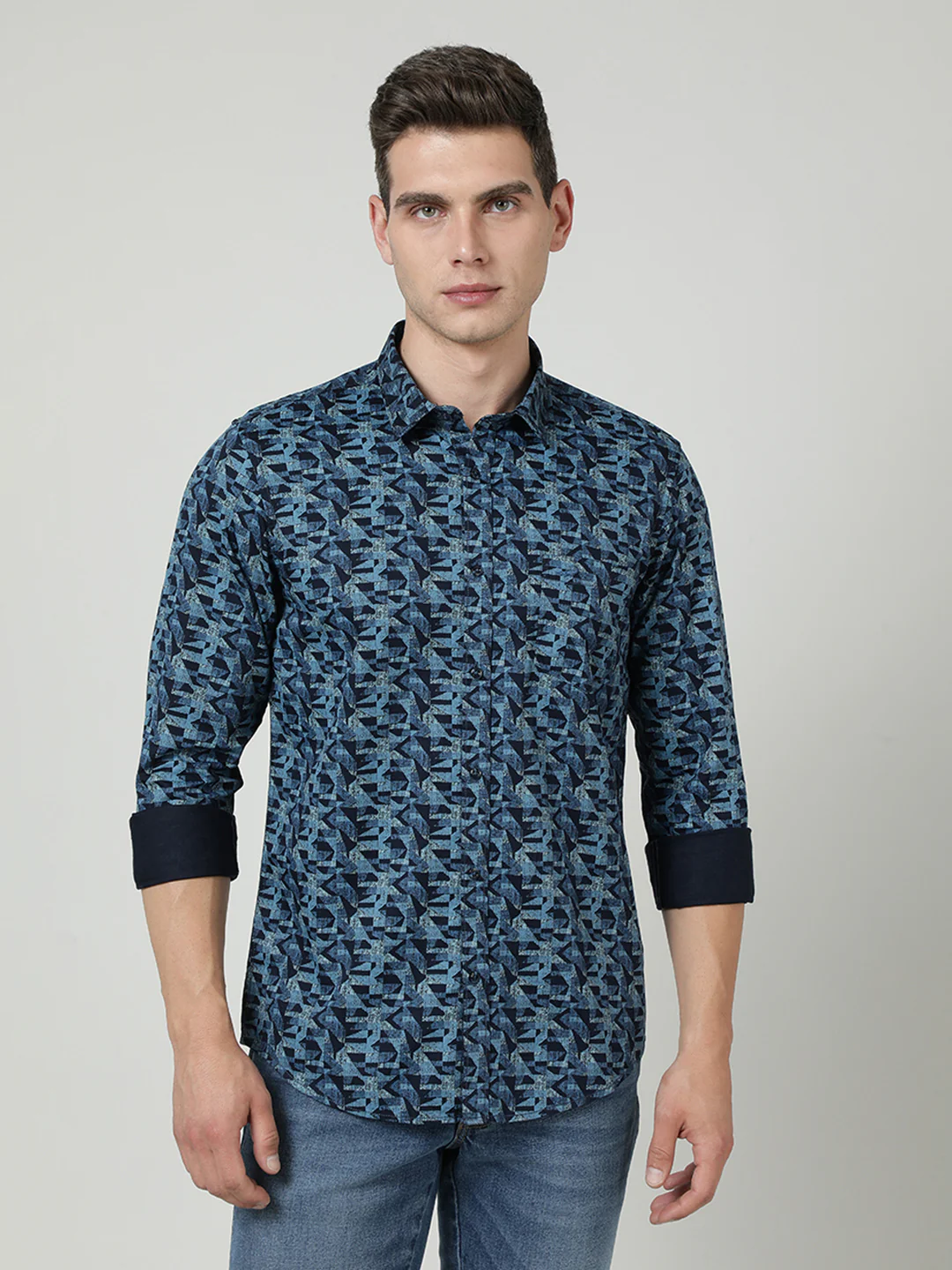 Navy Printed Full Sleeve 100% Cotton Shirt